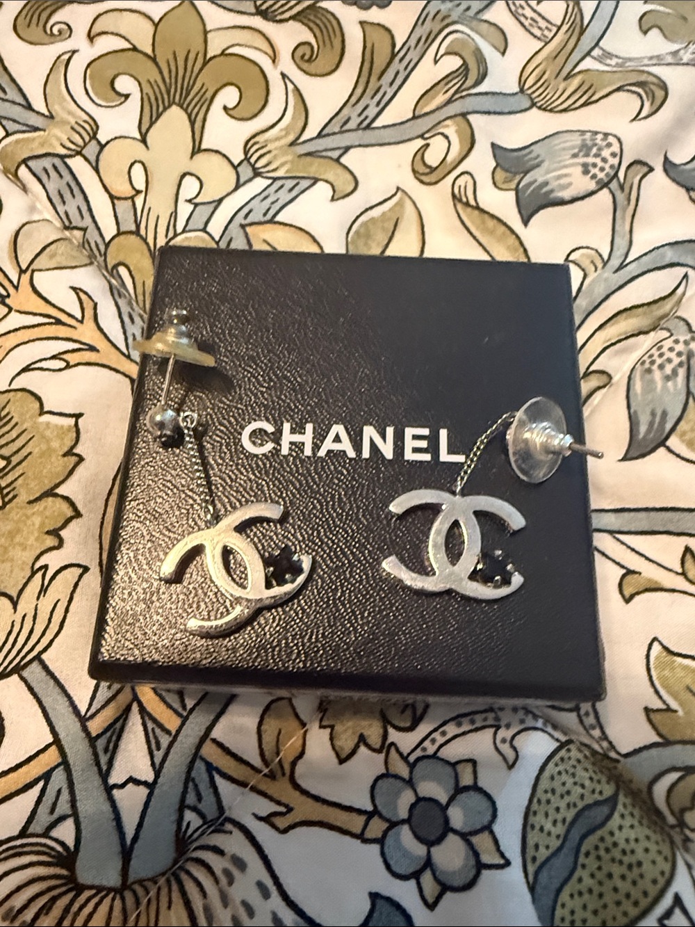 CHANEL Silver CC Drop Earrings with Chain Detail